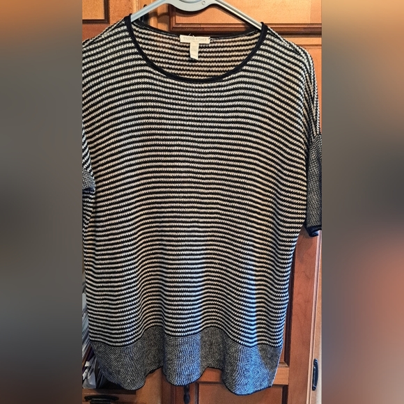 Eileen Fisher Organic Linen Sweater  White Black Striped Knit Short Sleeve PM - Picture 2 of 6